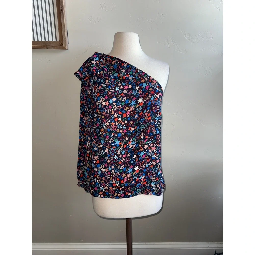 J. Crew Womens Black Star Print One Shoulder Ruffle‎ Top Size 8